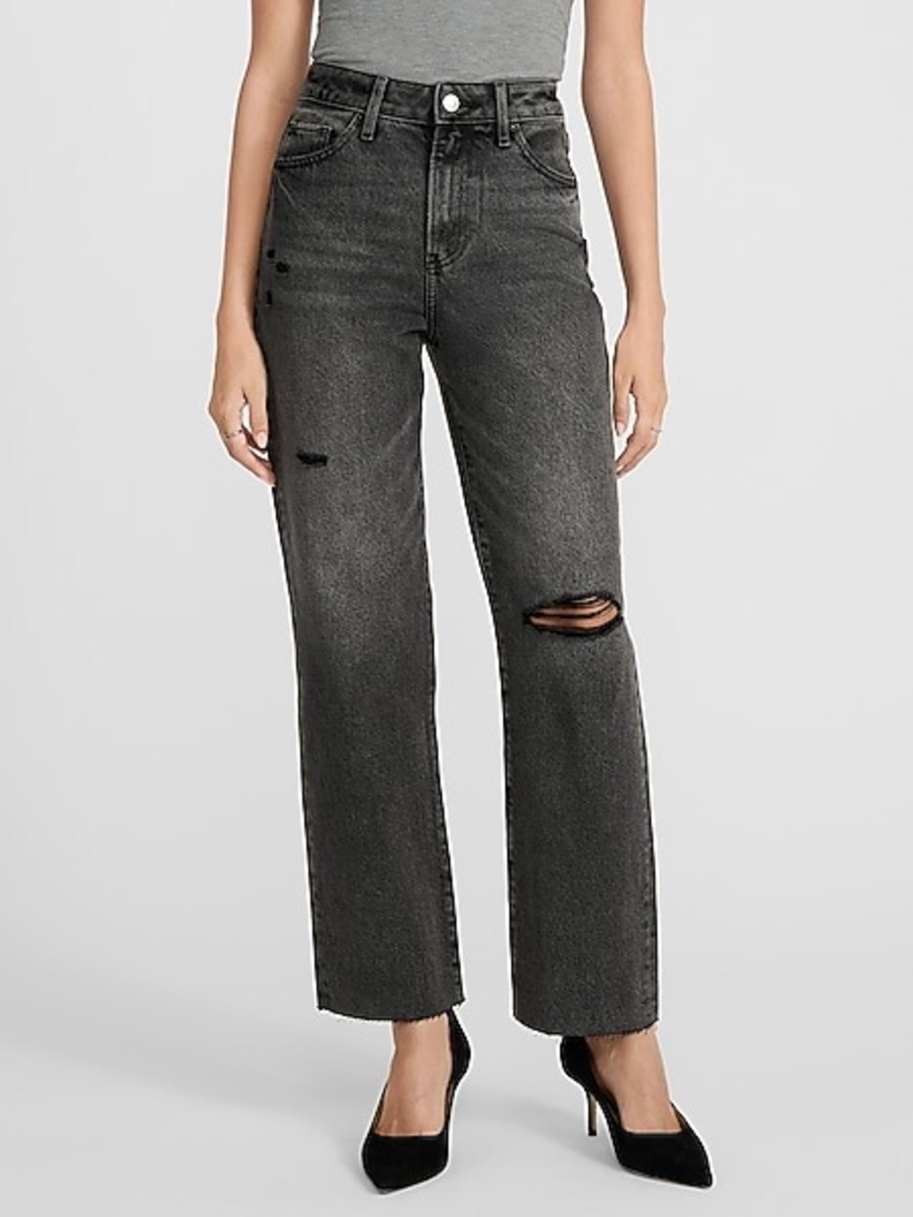 Express High Waisted Washed Black 50/50 Rigid Stretch Straight Ankle Jeans size